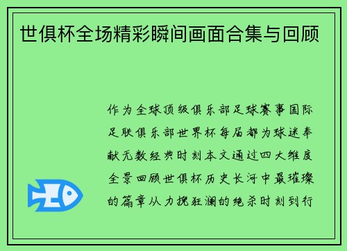 世俱杯全场精彩瞬间画面合集与回顾