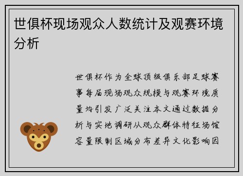 世俱杯现场观众人数统计及观赛环境分析