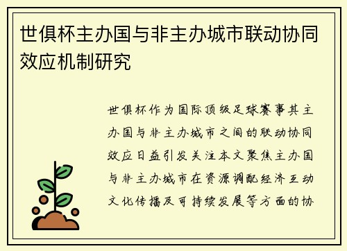 世俱杯主办国与非主办城市联动协同效应机制研究